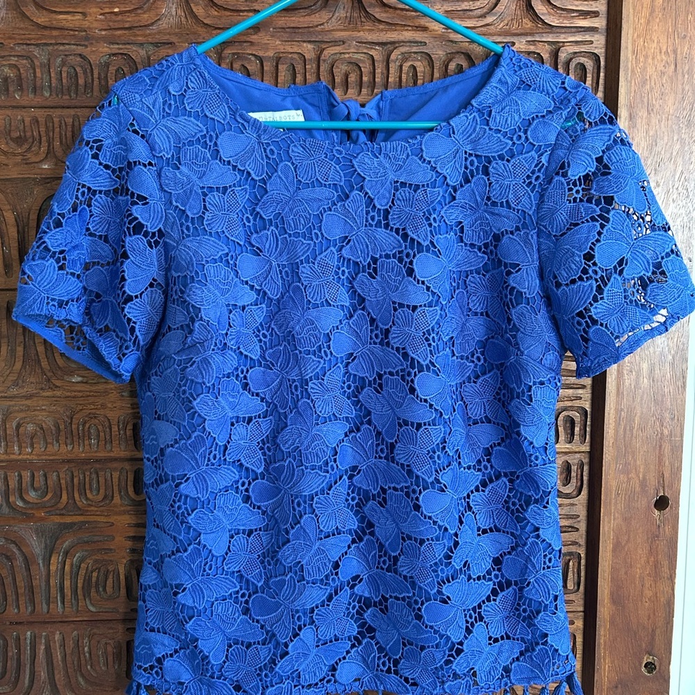 Talbots Royal Blue Lace Blouse formal tassels butterflies